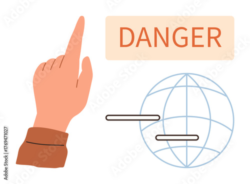 Hand pointing upward with Danger text above globe, emphasizing caution and global issues. Ideal for warnings, caution, risk management, safety, awareness campaigns, global issues, and danger