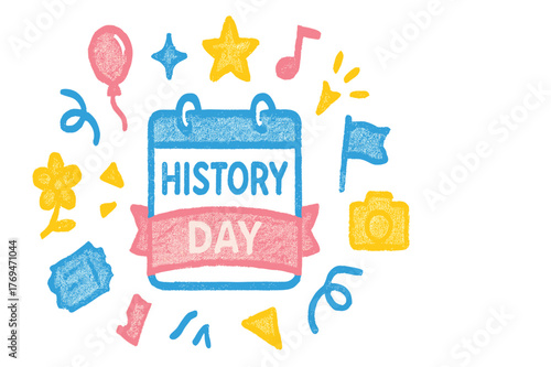 Celebrating history day with colorful decorations and cheerful symbols in a vibrant design