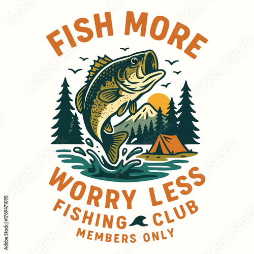 Vintage style bass fishing illustration with fish more worry less slogan and camping scene