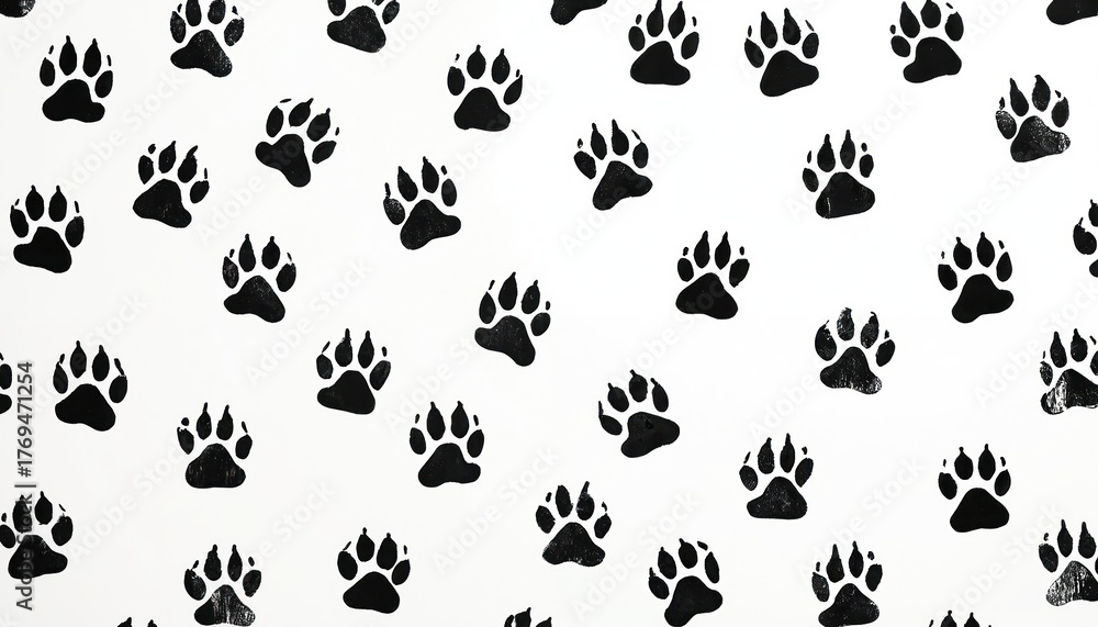 Fototapeta premium Black paw prints repeat across white background. Animal footprints create a simple, graphic pattern. Use this clean, abstract design for pet care, nature, or fun projects.