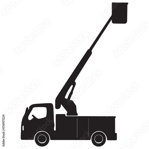 Silhouette of a truck mounted aerial lift with an extended boom and bucket against a white background