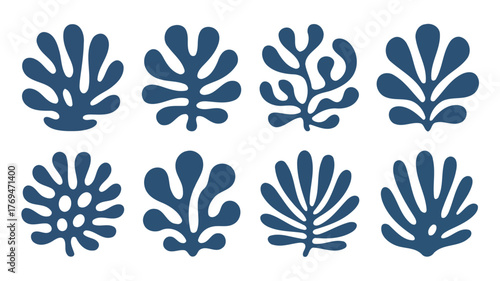 Elegant navy seaweed shapes showcase stunning modern design elements, ideal for botanical prints, fabric patterns, and contemporary ocean themed designs