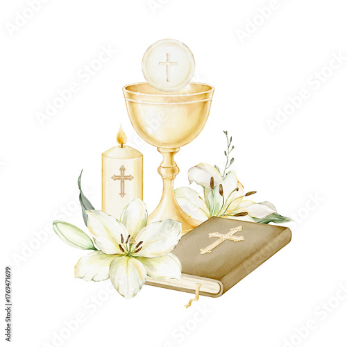 Fotografía Golden chalice, Eucharistic host, white lilies, candle, and Bible