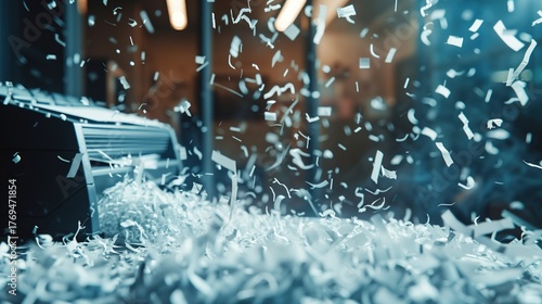 Repudiation Day: paper shredder destroying legal documents in modern office, close-up view, natural office lighting, sharp details, professional business environment