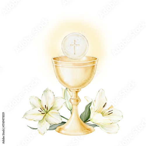 Canvas Print Golden chalice with white lilies and Eucharistic host