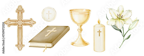 Photos Cross, Bible, golden chalice, white lily, candle, Eucharist host