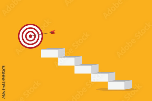 Goal, motivation to success. Climb up stairs to reach goal target on the top.