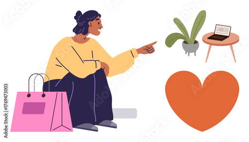 Young woman seated with pink shopping bag gesturing toward laptop on a table, potted plant, and orange heart. Ideal for shopping, work-life balance, love, online communication, home setup, modern