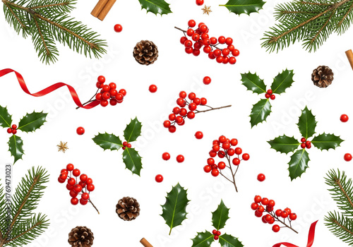 Festive Christmas Pattern with Pine, Holly, Cinnamon, and Red Ribbon on White Background