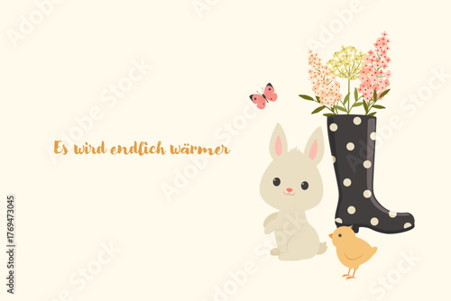 Cute spring bunny and chick illustration with floral rain boot, butterfly, and flowers — adorable spring artwork with phrase meaning it’s finally getting warmer
