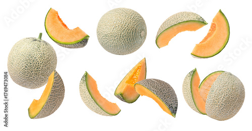 Fotografie set of cantaloupe melon isolated on white background.