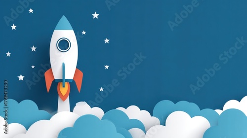 Conceptual illustration of a paper cut style rocket ship taking off into a starry sky
