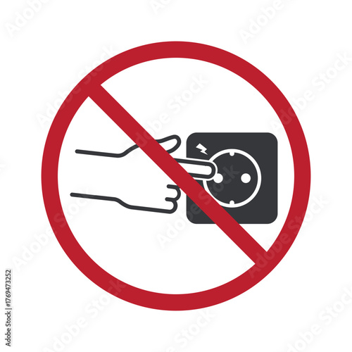 Isolated prohibition sign showing finger inserted into electrical socket, warning of child safety risks and high-voltage electricity hazards in public spaces.