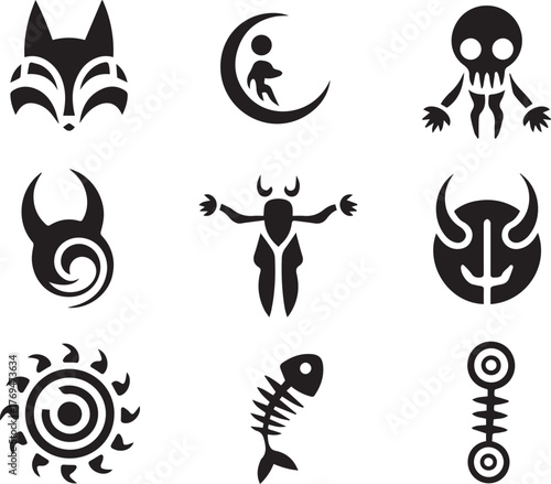 Collection of Ancient Tribal Symbols and Mythological Icons