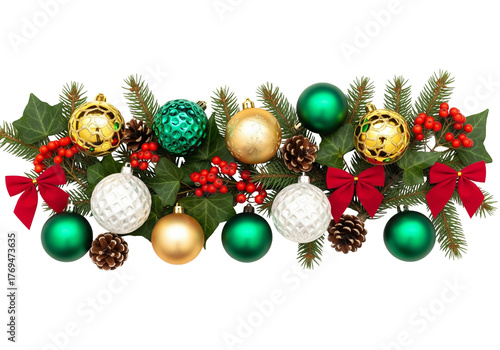 Traditional Christmas Decoration with Ornaments, Pinecones, and Holly on White Background