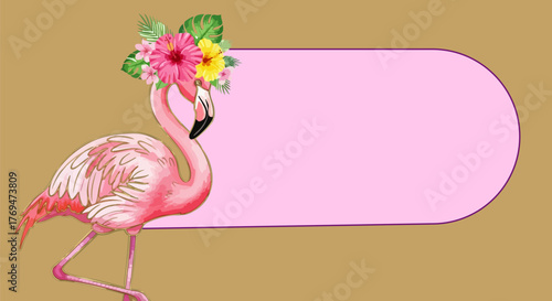 Pink flamingo adorned with flowers stands beside a pastel pink text placeholder