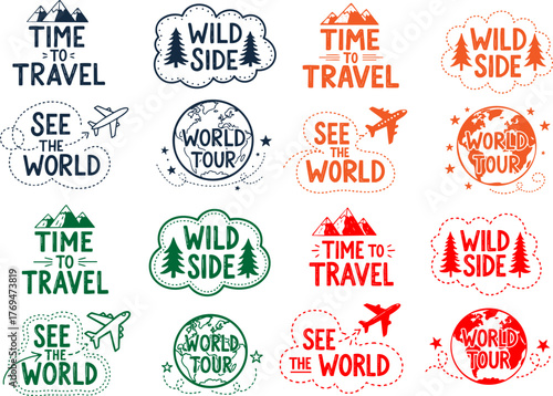 Colorful travel and adventure themed designs featuring text and graphic elements