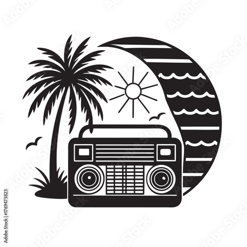 Vintage Radio And Palm Beach Silhouette Vector Design