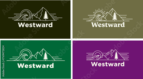 Westward logo design featuring mountains trees waves and sun in varied colors