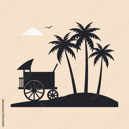 Old Wooden Cart Beside Palm Beach Silhouette