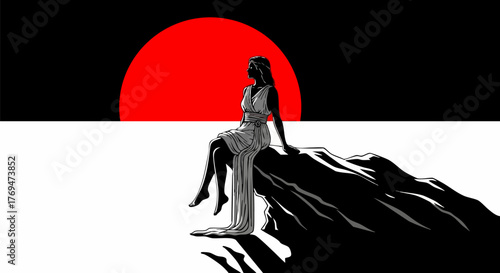 Woman sits on a rock watching a red sun set over a white sea in monochrome art