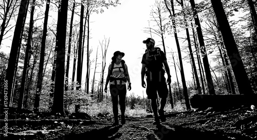 Hikers silhouetted against bright sky walking through a dense forest landscape