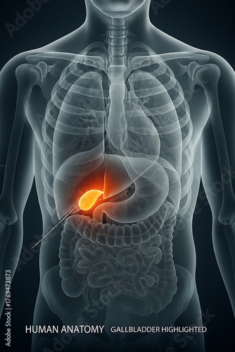 Human anatomy gallbladder highlighted in orange within transparent torso