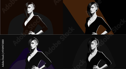 Stylish woman with shaved head poses confidently in four different color schemes