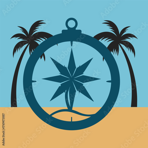 Antique Compass On Palm Beach Silhouette