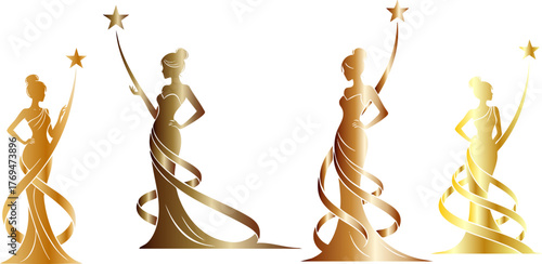Golden goddess figures holding stars symbolize achievement and feminine power