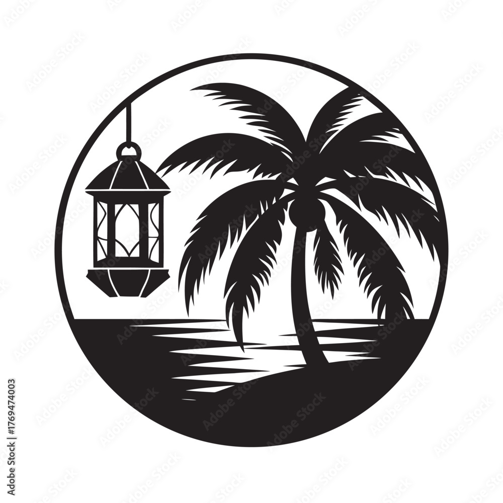 Obraz premium Retro Lantern Hanging From Palm Tree Beach Silhouette Scene