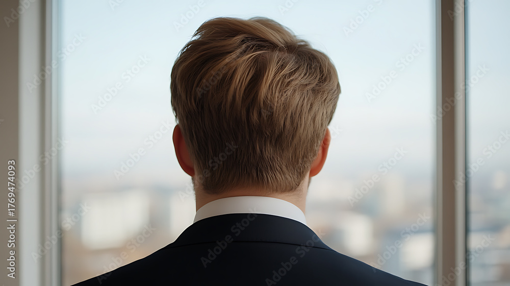 Fototapeta premium Contemplative moment: A man stands before a large window, gazing out at the city skyline. The crisp suit contrasts with the soft daylight, suggesting reflection and forward-thinking.