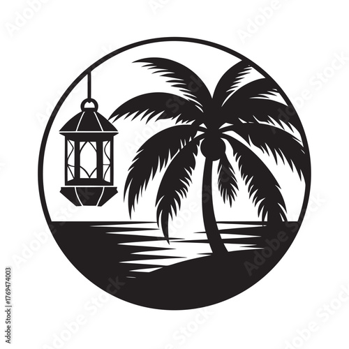 Retro Lantern Hanging From Palm Tree Beach Silhouette Scene