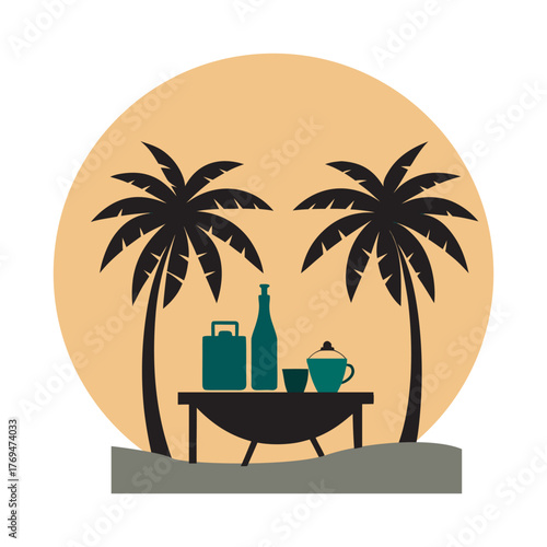 Vintage Picnic Set Under Palm Beach Silhouette Illustration