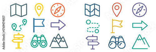Icons representing navigation, exploration, and outdoor activities with maps and compasses in colorful design