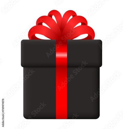 Gift box. 3d cartoon box with a red bow. Vector clipart isolated on white background.