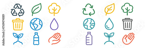 Icons depicting environmental conservation practices and elements of sustainability in a colorful design