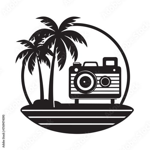 Retro Camera On Wooden Table Palm Beach Silhouette