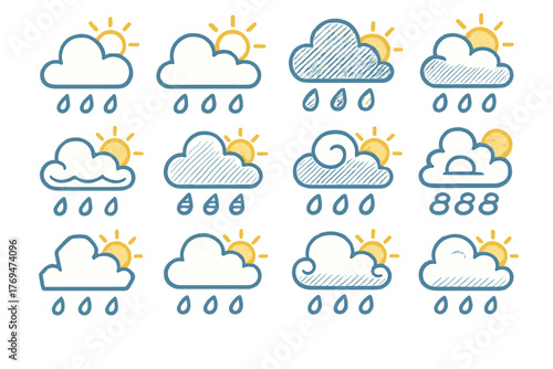 Weather illustration displaying various cloud and sun combinations showing different weather conditions and moods