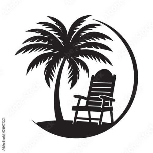 Old Wooden Chair Under Palm Beach Silhouette
