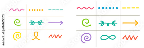 Colorful doodles on grid showcasing various decorative line patterns and symbols for creative projects