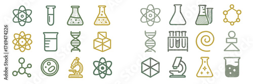 Collection of science-related icons featuring various symbols for chemistry, biology, and physics in simple design