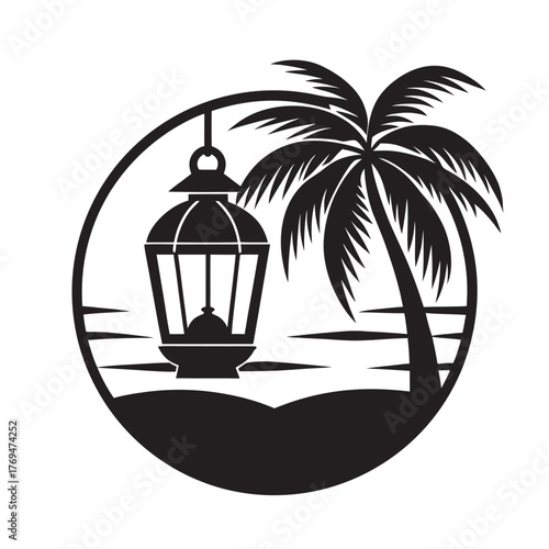 Retro Lantern Hanging From Palm On Beach Silhouette Art