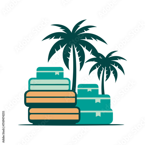Retro Suitcase Stack On Palm Beach Silhouette Illustration