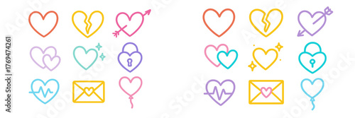 Colorful heart-themed icons featuring different emotions and symbols for digital decoration