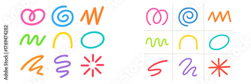 Colorful hand-drawn doodles showcasing various shapes and lines on a bright white background
