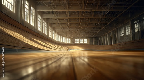 velodrome. Vast empty indoor velodrome with wooden track receding into the distance. event key visuals, club posters, designed for sports event promotions and stadium branding.