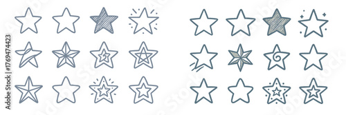 Creative collection of hand-drawn star designs showcasing various styles and sizes for artistic projects and crafts