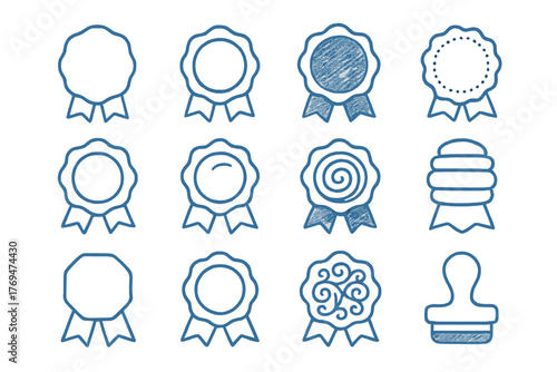 Various blue ribbon designs and a stamp featuring different shapes and patterns in a creative arrangement