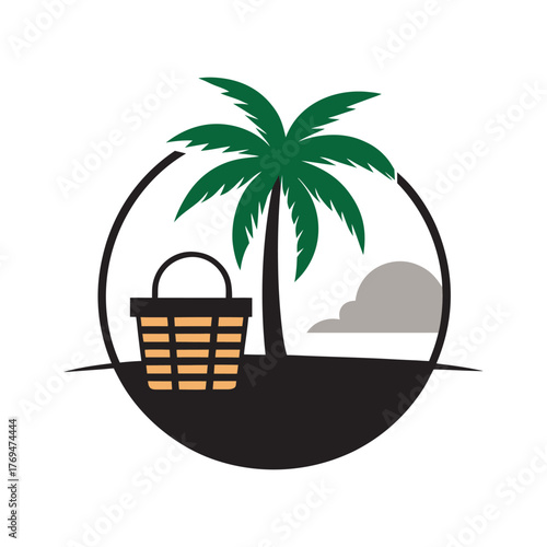 Retro Picnic Basket Under Palm Tree On Beach Silhouette Design